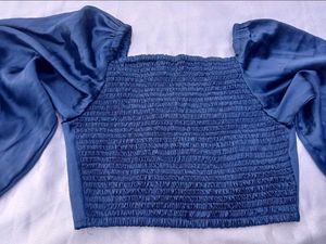 satin Navy Blue Square Neck Puff Sleeve Top