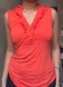 Coral Ruffle Neck Sleeveless Top