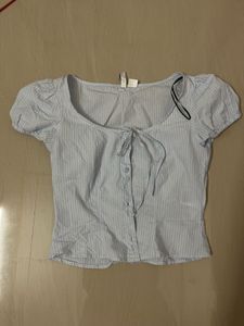 H&M Light Blue Striped Tie-Front Top