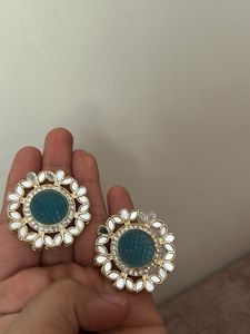 Stunning Teal Stud Earrings with Mirror Work