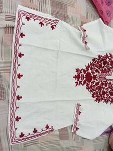 White short Kurti with Red Floral Embroidery