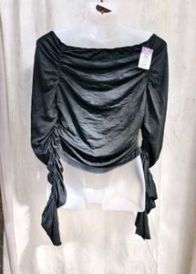 23279. Chic Black Ruched Off-Shoulder Top