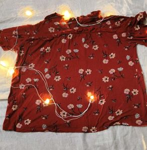 Red Floral Top with Ruffle Detail