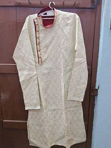 Elegant Cream and Maroon Trim kurta with pajama
