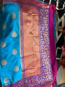 Vibrant Blue Silk Saree with Pink Border