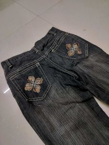 Embroidered Black Denim Jeans