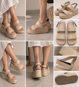 Beige Textured Platform Sandals with Velcro Strap