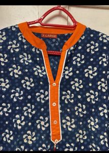 Navy &amp; Orange Floral Print Kurta
