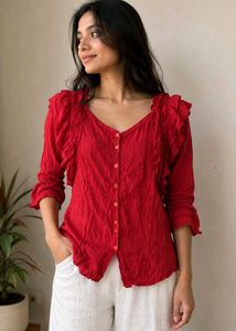 Red Ruffled Cotton Blouse