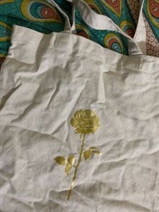 Cream Tote Bag with Gold Rose