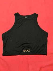 Black Sleeveless Crop Top with Gold Chain Detail