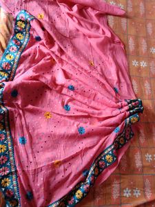 Pink pure cotton hand work saree with blue border