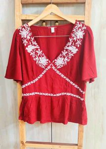 Red Embroidered Peplum Top Size-34