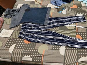 Blue Striped Pants and Grey Top
