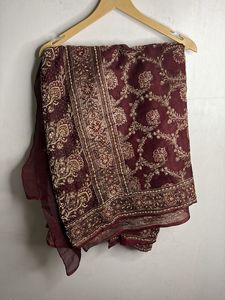 Embroidered Maroon Silk Saree