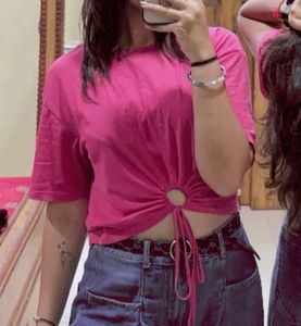 Hot Pink Cut-Out Tie-Front Crop Top