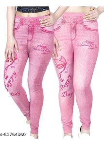 Women's Pink Printed Denim Look Jeggings | Stretch