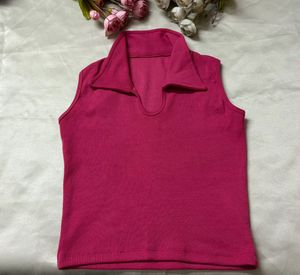 Hot Pink Ribbed Collared Tank Top