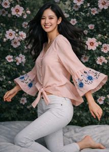 Korean Floral Embroidery Bell Sleeve Pink Crop Top