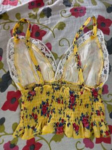 Yellow Floral Smocked Crop Top with Lac