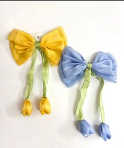 💙🌷 SHEER BLUE &amp; SAGE GREEN FLORAL TULIP BOW HAIR
