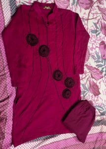 Wool Maroon Kurti with Pants Set