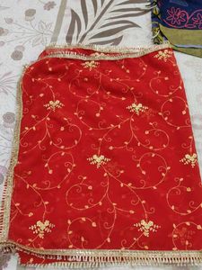 Red Embroidered Dupatta with Golden Border
