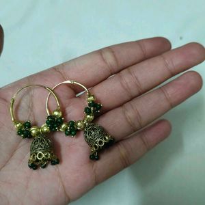 Ethnic Jhumka Hoop Earrings Green Beads