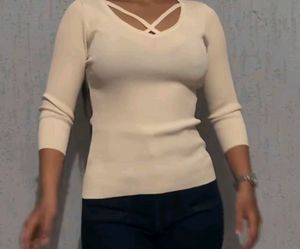 Cream Ribbed Criss-Cross Neck Top