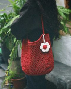 Handmade Crochet Red Flower Bag