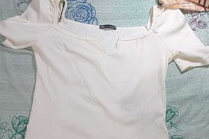 Zara White Ribbed Puff Sleeve Top