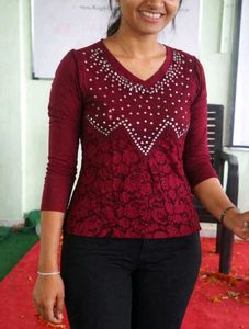 Maroon Embellished V-Neck Top