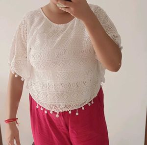 Boho Lace Cropped Top with Pom Poms
