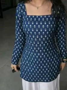Stylish Blue Printed Kurta with White Palazzos