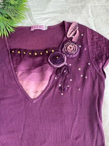 Purple Embellished V-Neck Top