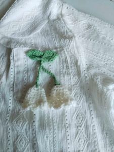 White Embroidered Cherry Short Sleeve Top