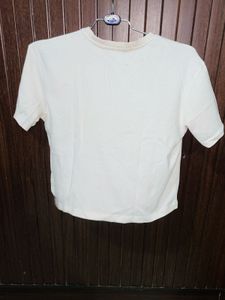 White Cropped T-Shirt with Crochet Pocket
