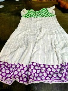 White Cotton Anarkali Kurti with Purple &amp; Green Em