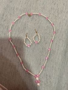 Elegant Pearl & Pink Beaded Necklace and Earring S