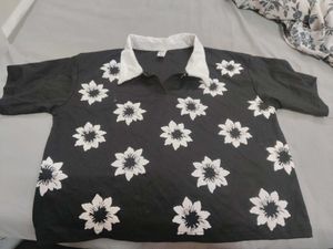 Black Floral Print Collared Top