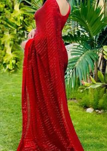 Elegant Red Sequin Saree With Blouse