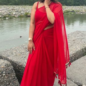 Vibrant Red Silk Saree with Gold Border