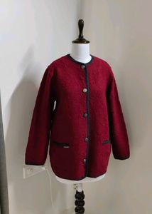 Wine Textured Button-Front Long Jacket