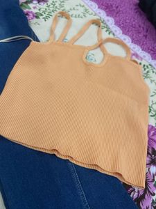 Blue Flared Jeans with Orange Crop Top