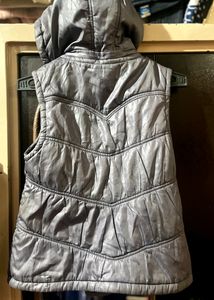 Grey Shiny Puffer Vest Half Jacket With Hoodie