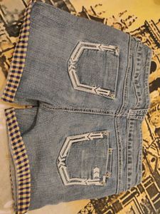 Denim Shorts with Gingham Cuffs mid waist 28-30