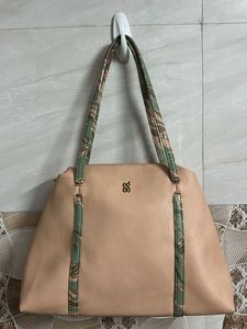 Stylish Beige Tote Bag with Green Accents