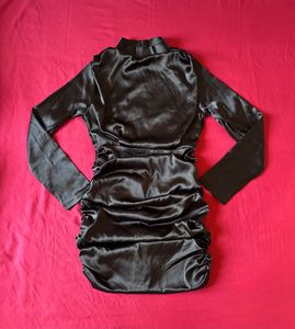 Black Satin Ruched Partywear Mini Dress
