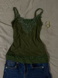 Green Embellished Lace Tank Top
