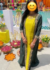Green Yellow Ethnic dress with attached jacket